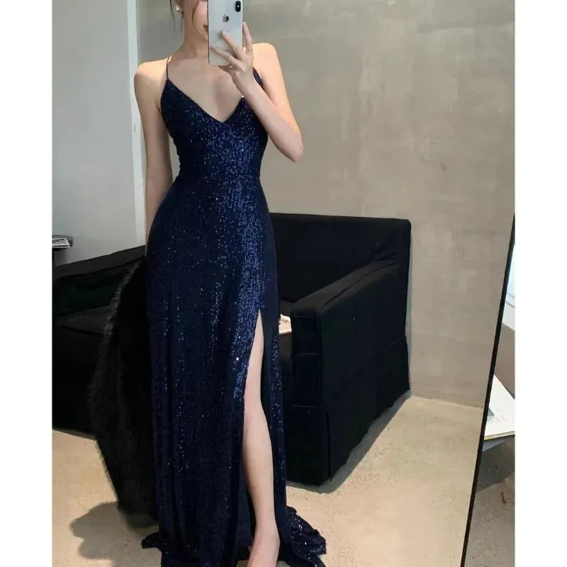 Womens Navy Sequined Slitted Spaghetti Strap V Neck Full-Length Formal Gown Dress