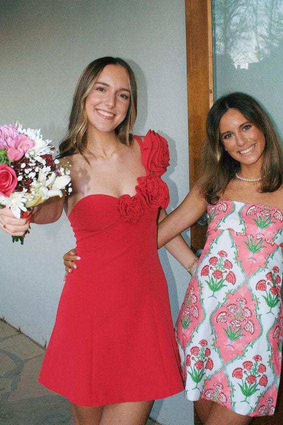 Satin Florals One Shoulder A-Line Mini Homecoming Dress