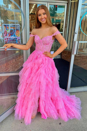 Sweetheart Off-Shoulder Lace Appliques Tulle A-Line Prom Dress