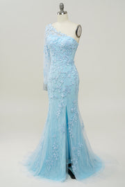 Light Blue One Shoulder Appliques Mermaid Long Prom Dress with Slit