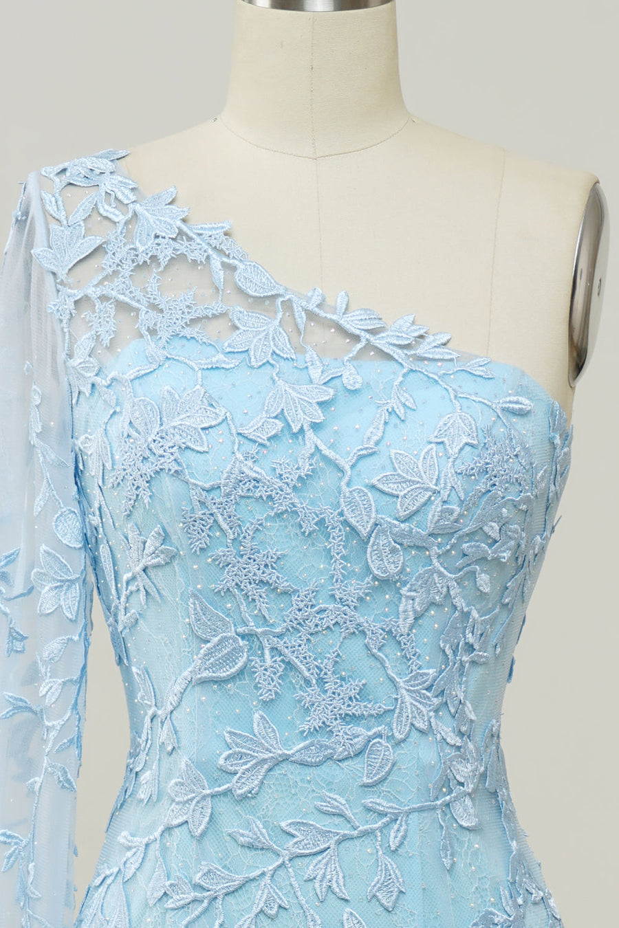 Light Blue One Shoulder Appliques Mermaid Long Prom Dress with Slit