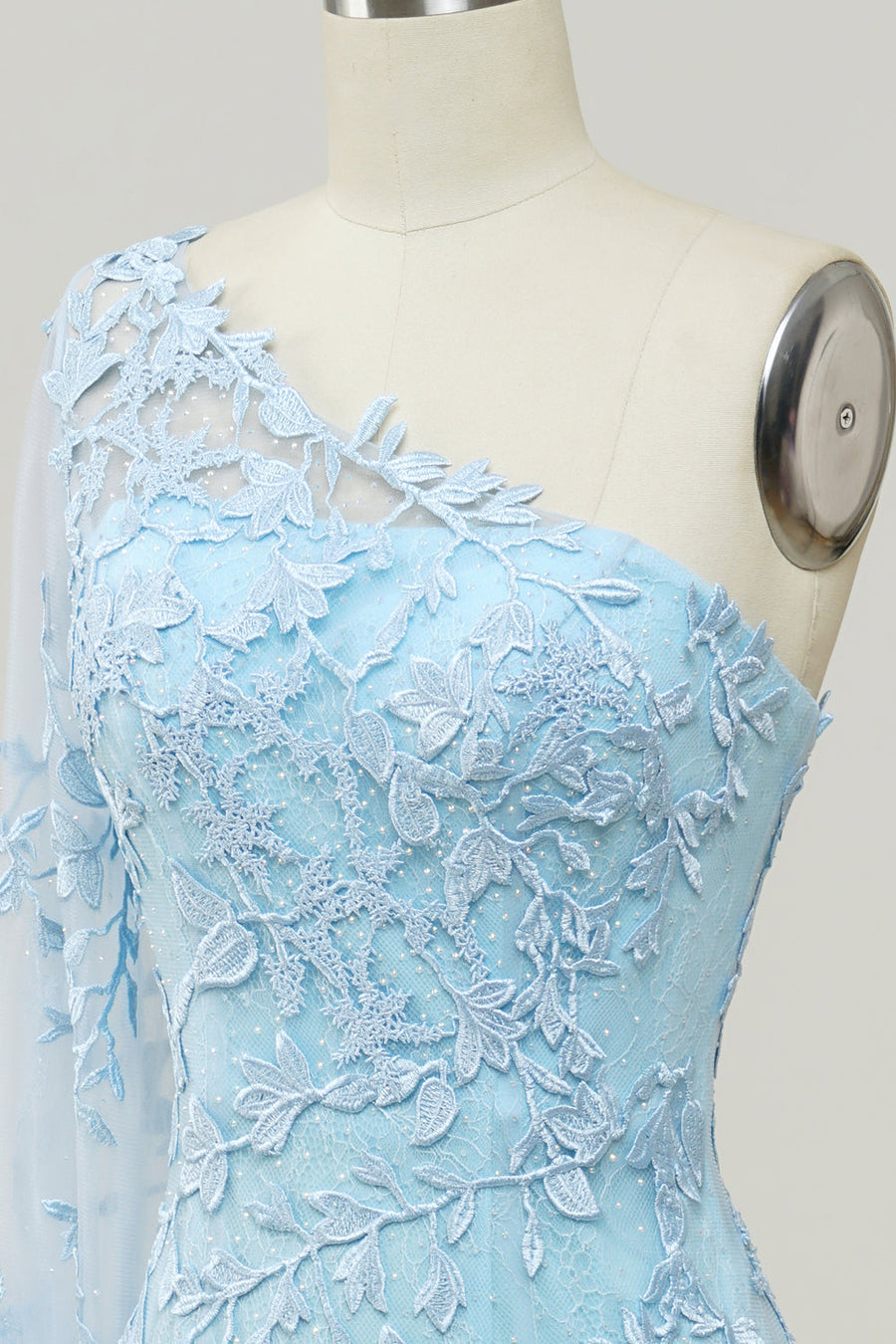 Light Blue One Shoulder Appliques Mermaid Long Prom Dress with Slit