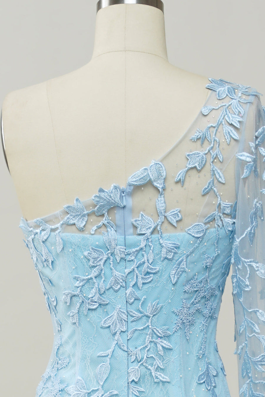 Light Blue One Shoulder Appliques Mermaid Long Prom Dress with Slit