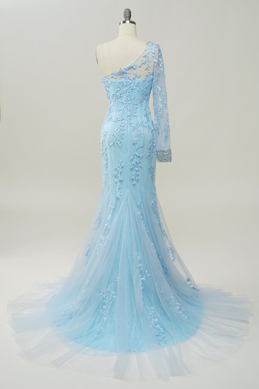 Light Blue One Shoulder Appliques Mermaid Long Prom Dress with Slit