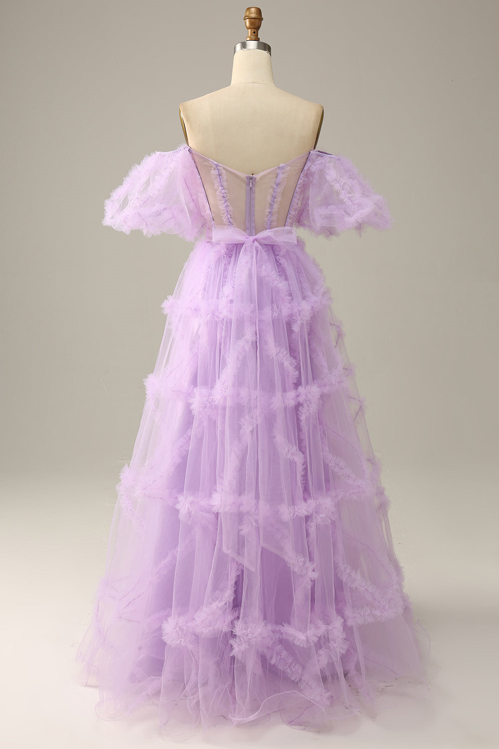 Lavender Off-the-Shoulder Puff Sleeves Ruffles A-line Long Prom Dress
