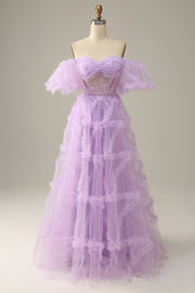 Lavender Off-the-Shoulder Puff Sleeves Ruffles A-line Long Prom Dress