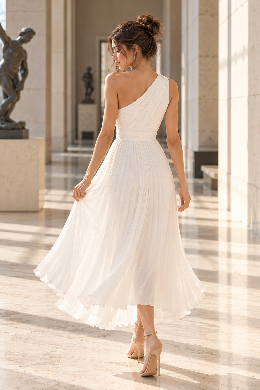 Chic One Shoulder Sleeveless Pleated Chiffon Midi Summer Wedding Dress