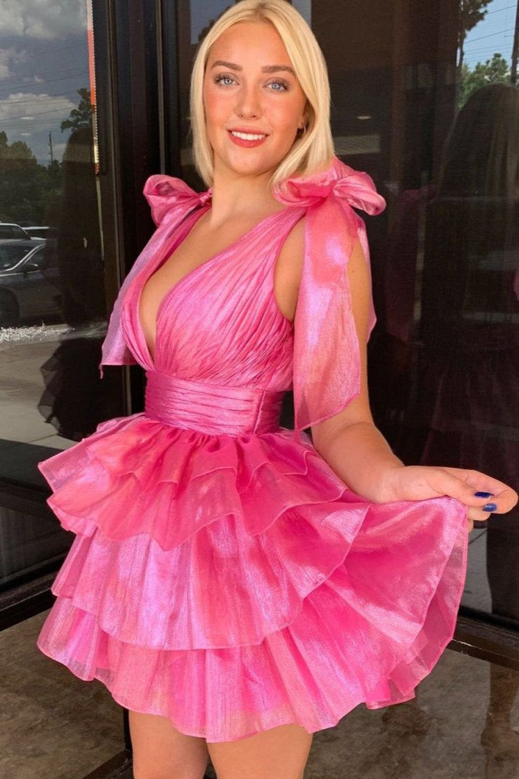 Low V-Neck Straps Backless Tulle A-Line Tiered Homecoming Dress