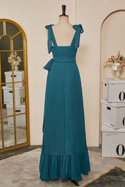 Teal Bow Tie Straps Ruffled A-line Long Bridesmaid Dress with Sash