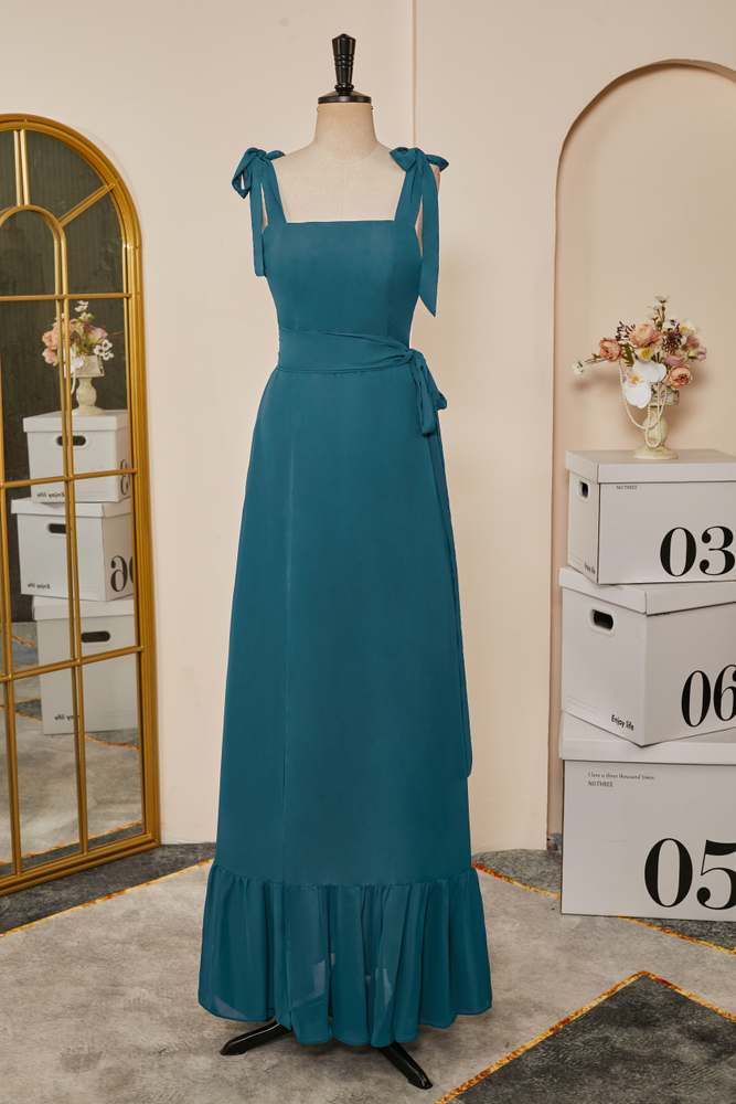 Teal Bow Tie Straps Ruffled A-line Long Bridesmaid Dress with Sash Teal / US 2 Teal Bow Tie Straps Ruffled A-line Long Bridesmaid Dress with Sash Teal / US 2