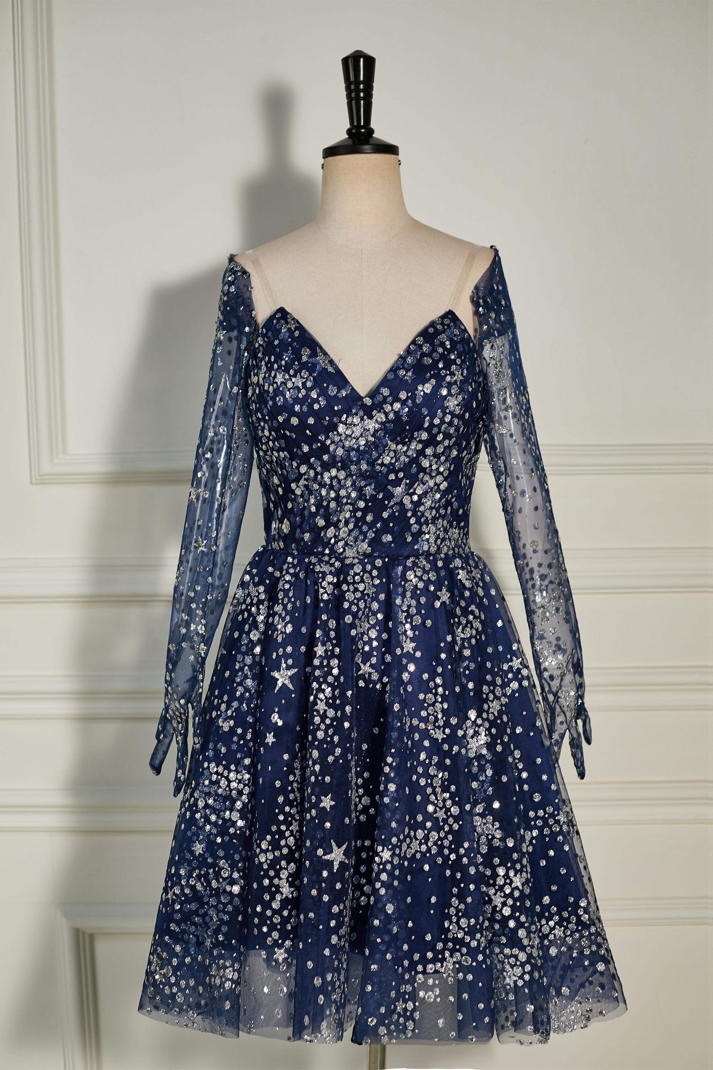 navy blue long sleeve homecoming dress Lace Long Sleeve Blue Homecoming Dress For Semi Formal - $57.4776 #S1532