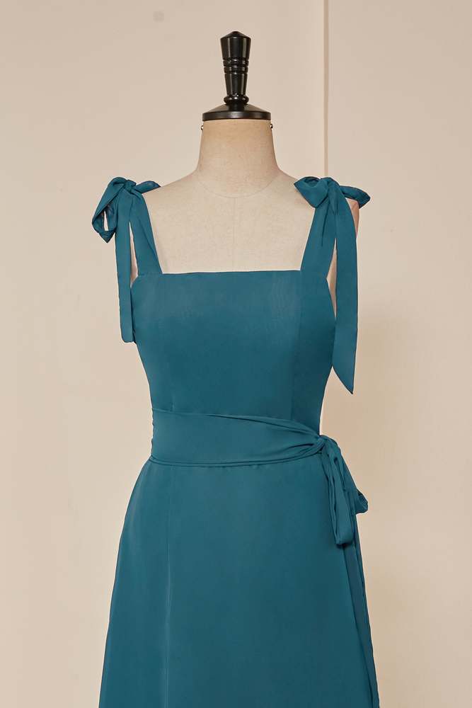 Teal Bow Tie Straps Ruffled A-line Long Bridesmaid Dress with Sash Teal / US 2 Teal Bow Tie Straps Ruffled A-line Long Bridesmaid Dress with Sash Teal / US 2