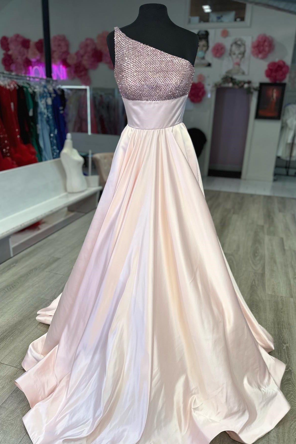 Light Pink One-Shoulder Beaded A-line Satin Long Prom Dress