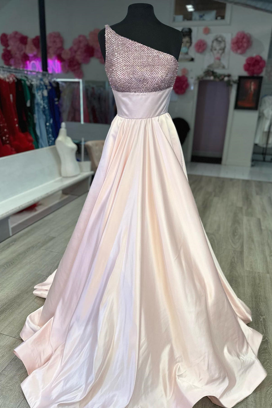 One-Shoulder Beaded A-line Empire Satin Long Prom Dress Light Pink / US 16 One-Shoulder Beaded A-line Empire Satin Long Prom Dress Light Pink / US 16