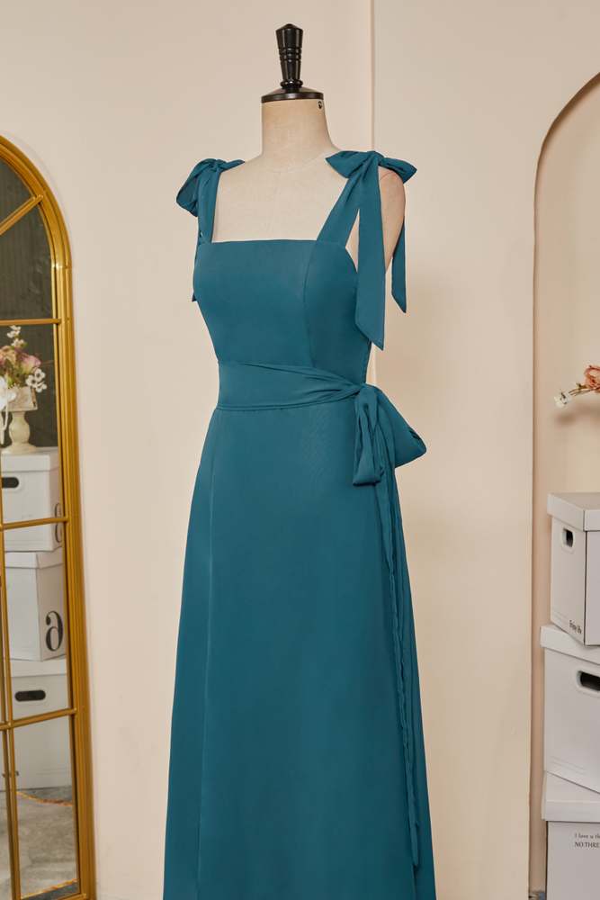 Teal Bow Tie Straps Ruffled A-line Long Bridesmaid Dress with Sash