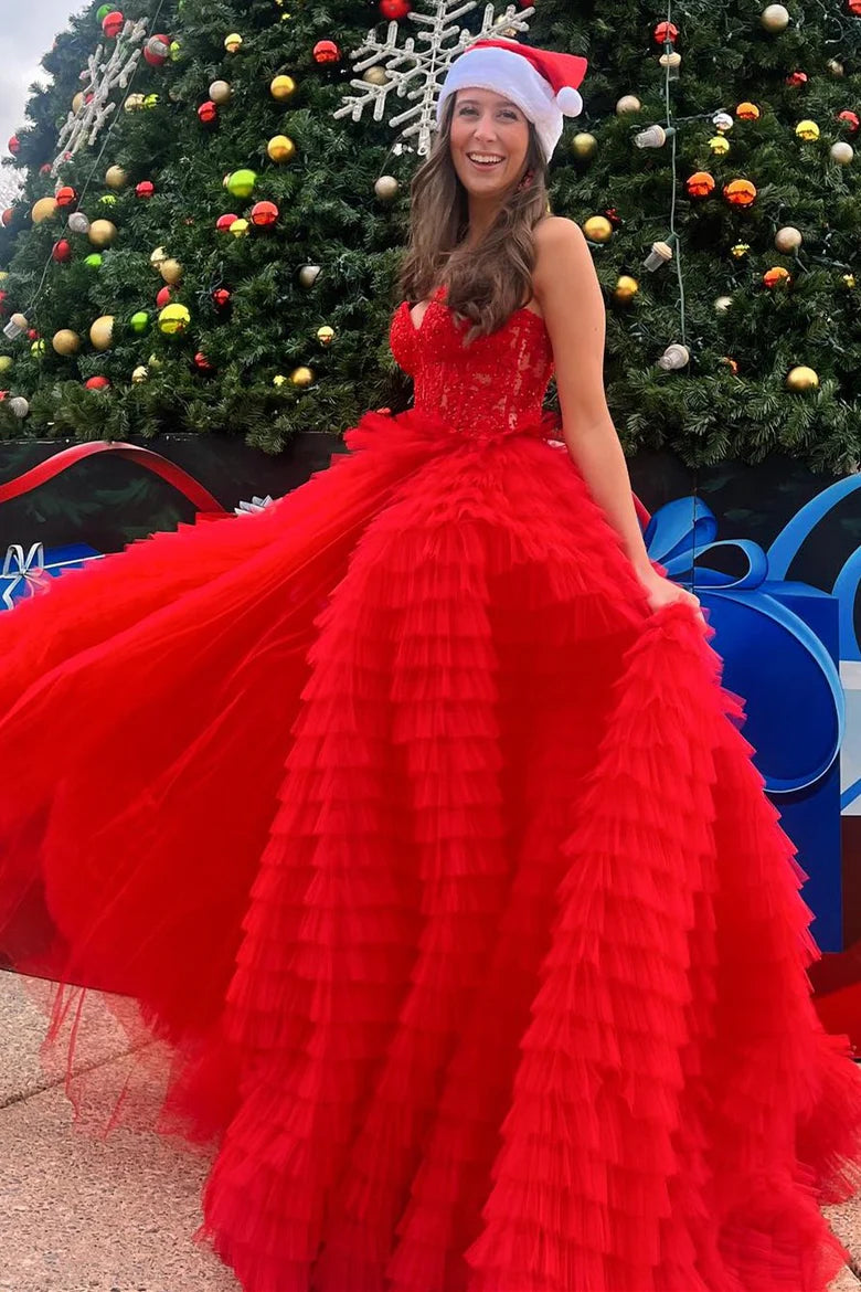 Sexy Tulle A-Line Sweetheart Strapless Tiered Appliques Prom Dress