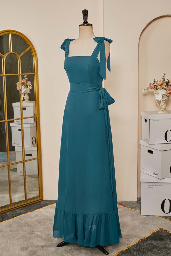 Teal Bow Tie Straps Ruffled A-line Long Bridesmaid Dress with Sash Teal / US 4