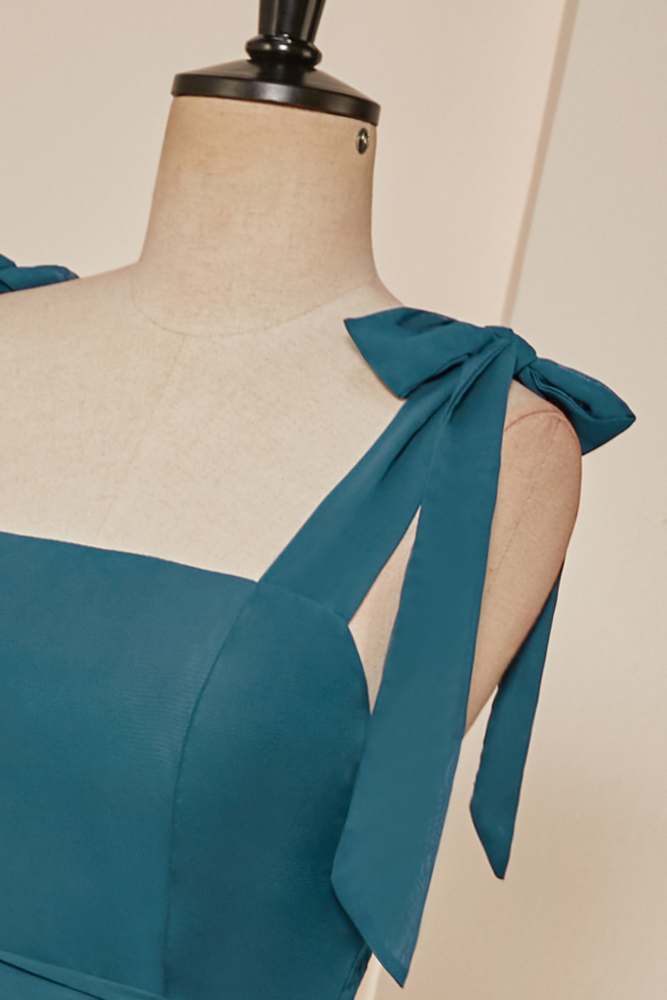 Teal Bow Tie Straps Ruffled A-line Long Bridesmaid Dress with Sash
