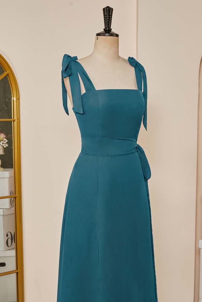 Teal Bow Tie Straps Ruffled A-line Long Bridesmaid Dress with Sash