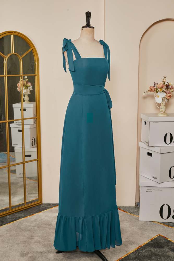 Teal Bow Tie Straps Ruffled A-line Long Bridesmaid Dress with Sash