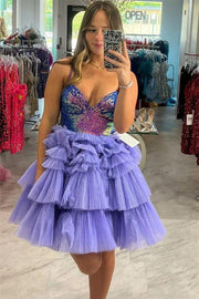 Lavender Sequin V-Neck Homecoming Dresses, Tiered Short Prom Dress