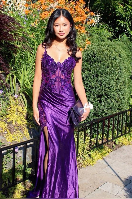 Satin Mermaid V-Neck Sleeveless Appliques Party Prom Dress