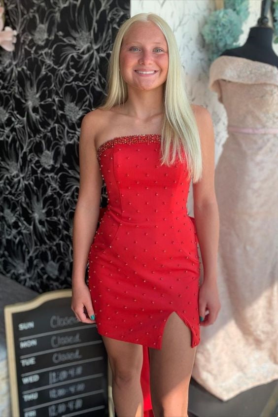 Red Strapless Sheath Tight  Homecoming Dress