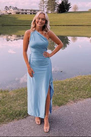 One Shoulder Sleeveless Satin Party Prom Dress With High Slit