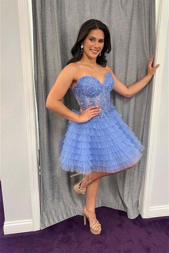 A-Line Ruffled Yellow Strapless Corset Short Homecoming Dress Periwinkle / 14 A-Line Ruffled Yellow Strapless Corset Short Homecoming Dress Periwinkle / 14