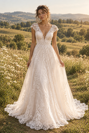 Classic V-Neck Cap Sleeves Lace Appliques Empire A-Line Wedding Dress