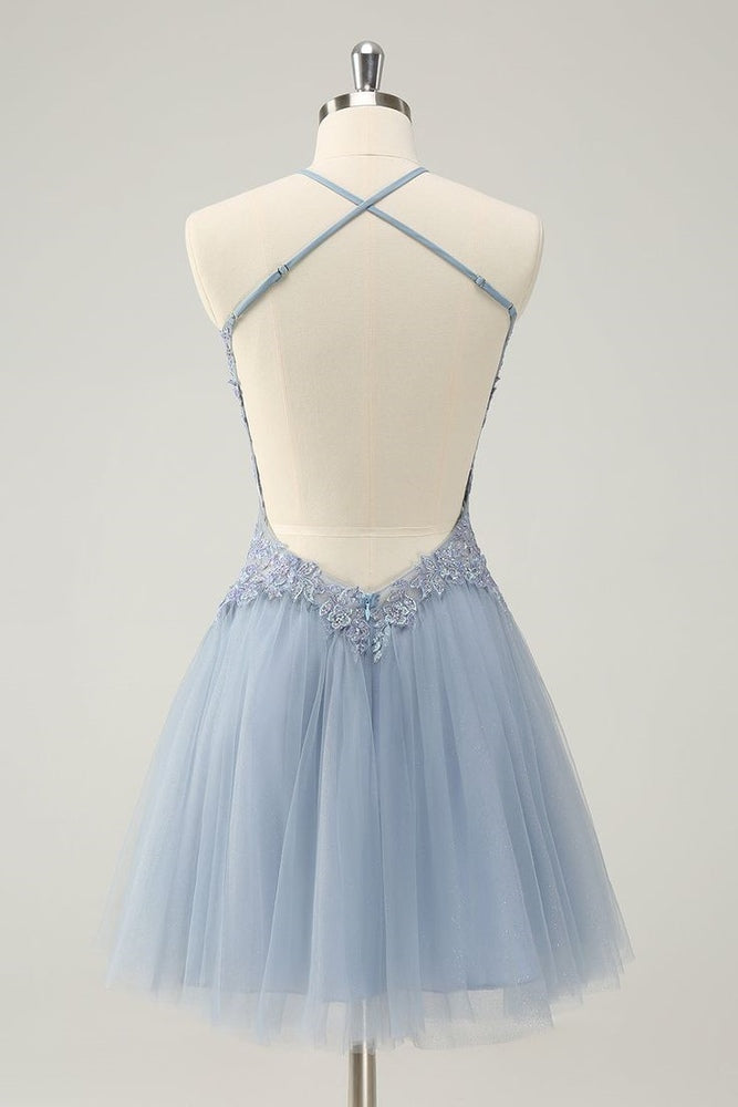 Sparkly Dusty Blue A Line Halter Homecoming Dress with Appliques Dusty Blue / US 8 Sparkly Dusty Blue A Line Halter Homecoming Dress with Appliques Dusty Blue / US 8