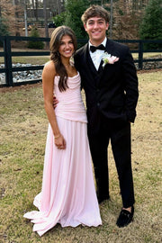 A-Line Bateau Strapless Chiffon Pleated Maxi Party Prom Dress