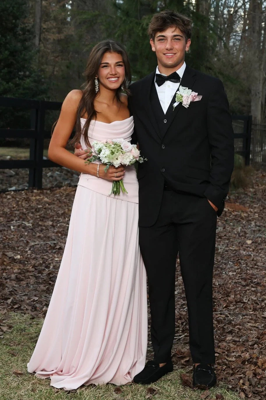 A-Line Bateau Strapless Chiffon Pleated Maxi Party Prom Dress