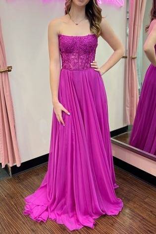 A-Line Bateau Strapless Lace Appliques Long Prom Dress