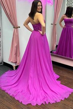 A-Line Bateau Strapless Lace Appliques Long Prom Dress