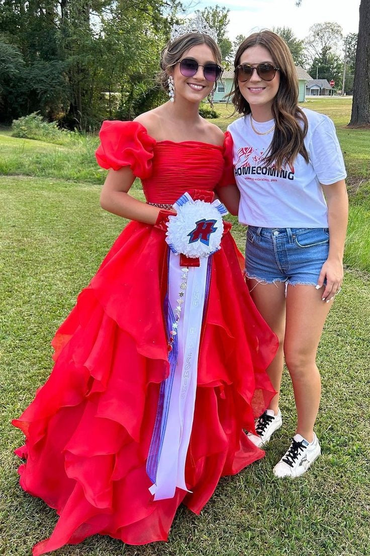 A-Line Beaded Empire Square Short Sleeves Tiered Party Prom Dress