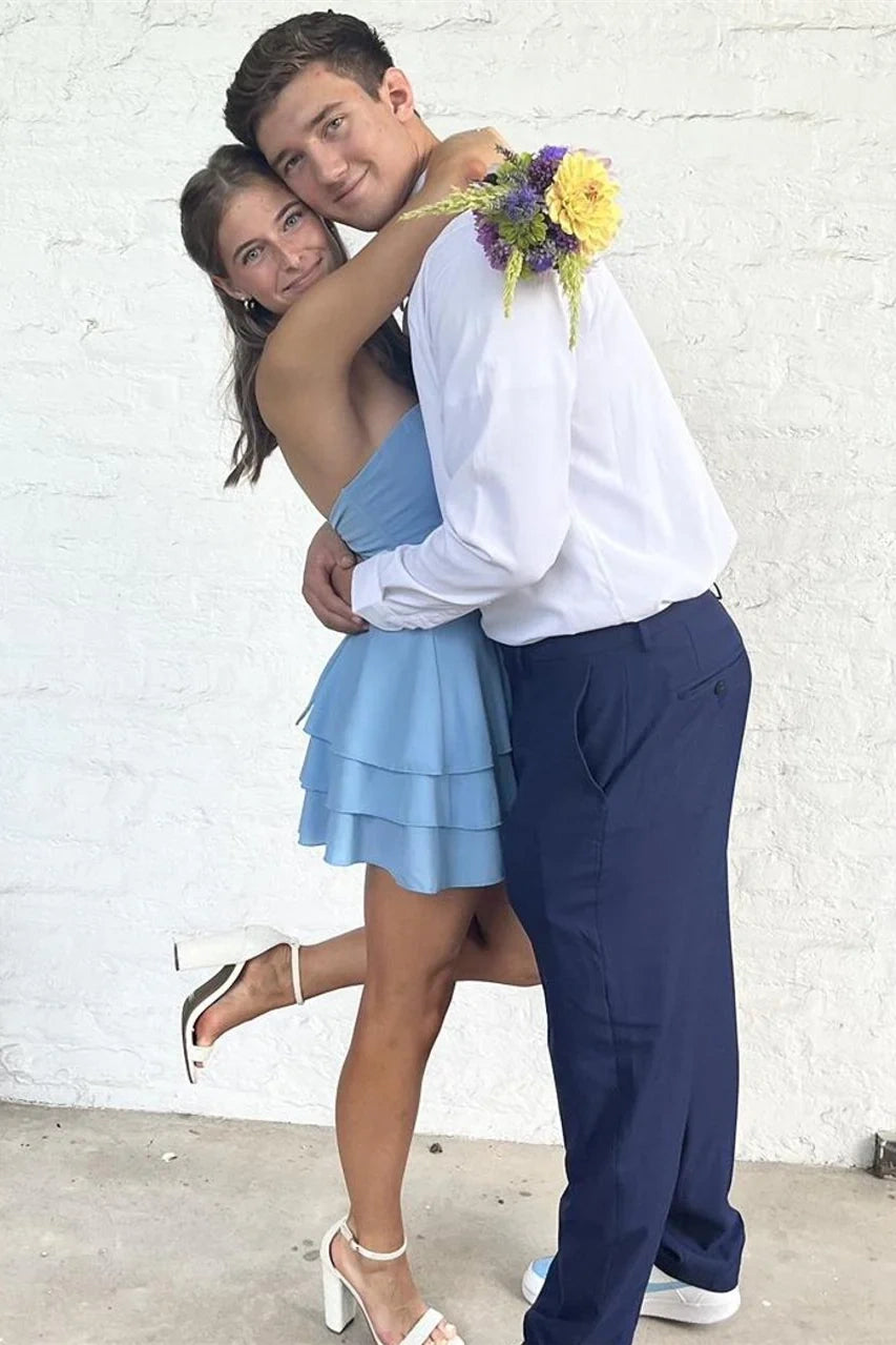 A-Line Chiffon Empire Strapless Tiered Short Homecoming Graduation Dress