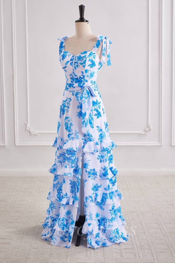 A-Line Chiffon Sweetheart Straps Ruffle Floral Prom Party Dress