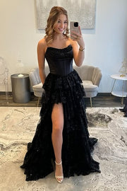 A-Line Empire Bateau Sleeveless Tiered Party Prom Dress With Slit