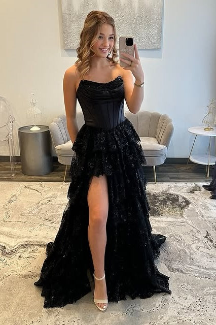 A-Line Empire Bateau Sleeveless Tiered Party Prom Dress With Slit