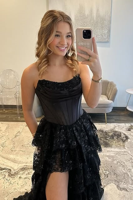 A-Line Empire Bateau Sleeveless Tiered Party Prom Dress With Slit