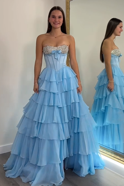 A-Line Empire Beaded Strapless Tiered Party Prom Dress With Slit