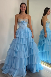 A-Line Empire Beaded Strapless Tiered Party Prom Dress With Slit
