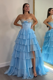 A-Line Empire Beaded Strapless Tiered Party Prom Dress With Slit