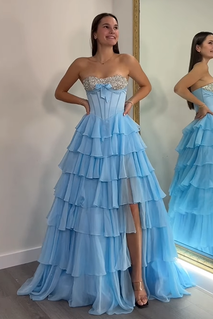 A-Line Empire Beaded Strapless Tiered Party Prom Dress With Slit