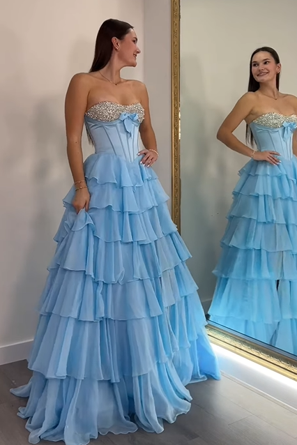 A-Line Empire Beaded Strapless Tiered Party Prom Dress With Slit