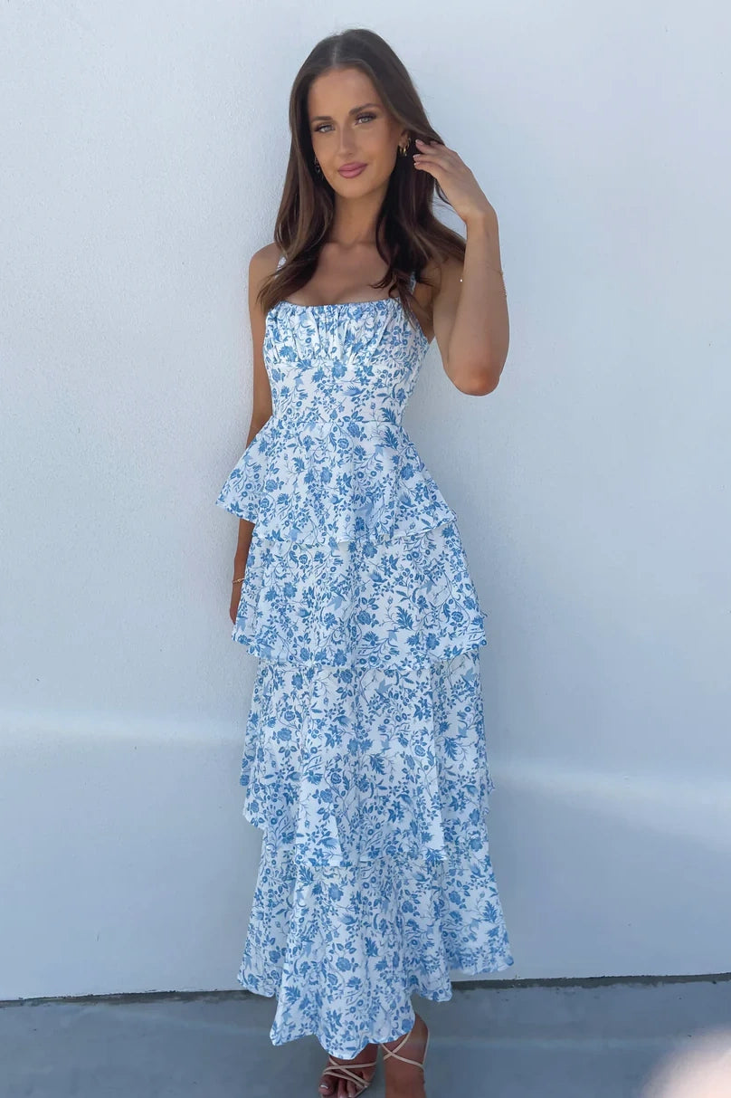 A-Line Empire Sleeveless Floral Appliques Tiered Party Prom Dress