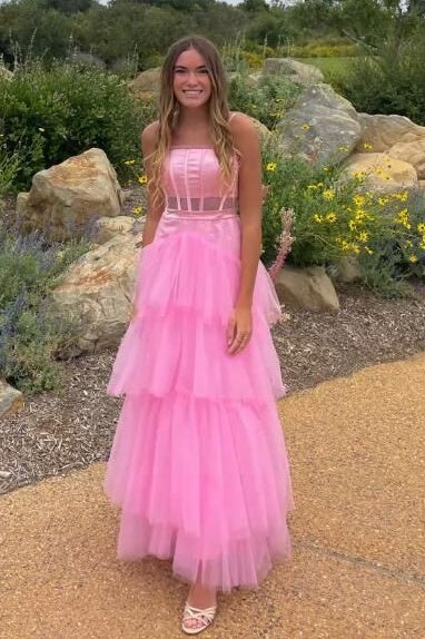 A-Line Empire Spaghetti Straps Tulle Tiered Party Prom Dress