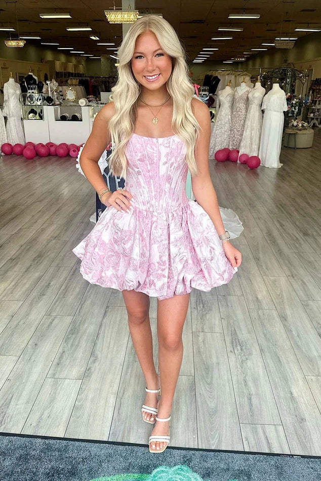 A-Line Empire Strapless Floral Satin Mini Party Homecoming Dress Pink / US 14