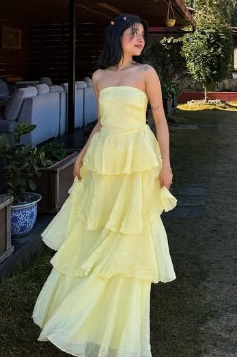 A-Line Empire Strapless Tiered Floor-Length Party Prom Dress